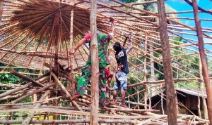 Lestarikan Budaya, Babinsa Web Bantu Warga Bangun Rumah Adat Honai