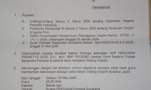 Tindak lanjut aduan PROPAM M.Arifin Waketum FERADI WPI, AKP HERAWAN Kanit Reskrim Polsek Banjarsari akan menjalani sidang disiplin Selasa 26 Mei 2026