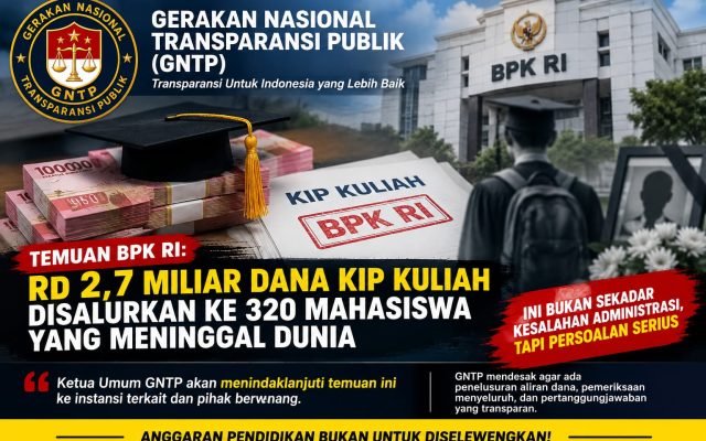 GNTP Soroti Temuan BPK Rp2,7 Miliar Dana KIP Kuliah untuk 320 Mahasiswa yang Telah Meninggal Dunia