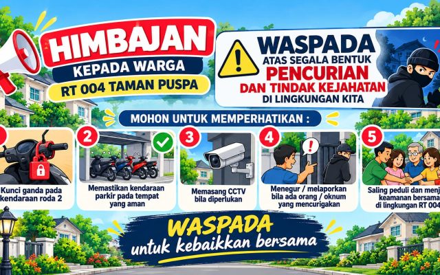 Cegah Pencurian di Lingkungan Perumahan, Warga RT 004 Taman Puspa Diimbau Tingkatkan Kewaspadaan